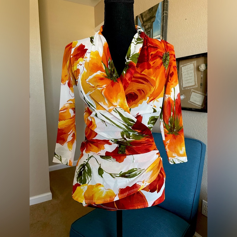 Karen Kane Sheer Floral Criss Cross Top